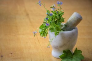 Mortero de piedra con plantas medicinales verdes y flores lilas, símbolo de la naturopatía y la salud natural