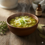 Caldo depurativo natural de puerro y hierbas aromáticas en un cuenco de barro, preparado como remedio casero para detoxificar el organismo.