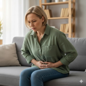 Mujer sentada en un sofá con dolor en el abdomen bajo, síntoma frecuente de infección de orina